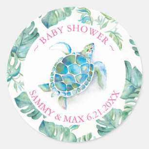 Sticker Rond Joli Favori Tortue de Mer et Feuillage à l'Aquarel
