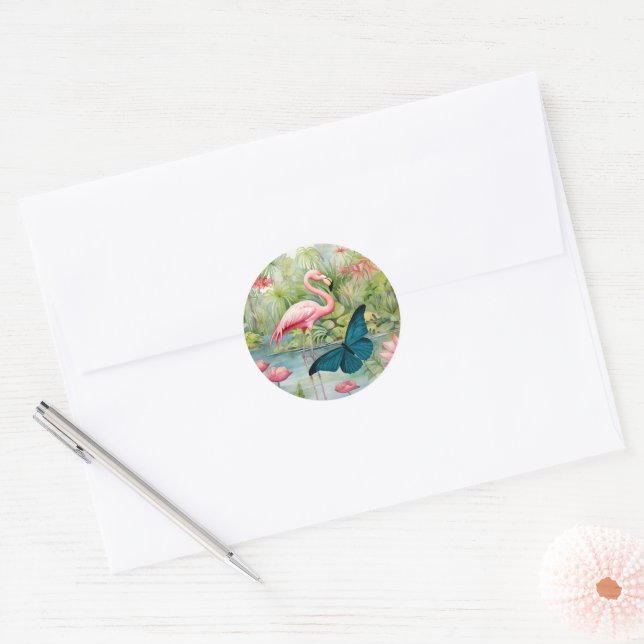 Sticker Rond Joli Flamant rose et enveloppes papillon (Enveloppe)