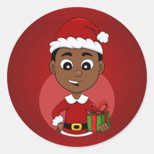Sticker Rond Joli garçon de dessin animé afro-américain de Noël