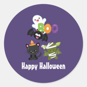 Sticker Rond Joli Halloween Chat, chauve-souris, maman et fantô