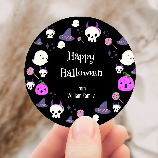 Sticker Rond Joli Halloween rose et violet Fantôme rose et viol (Cute Pink and Purple Ghost Happy Halloween Classic Round Sticker)