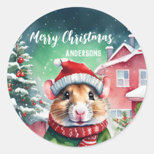 Sticker Rond Joli Hamster rat Noël fête de neige d'anniversaire