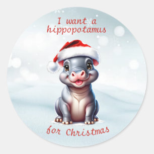 Sticker Rond Joli Hippopotame Santa Hat Snowy Noël