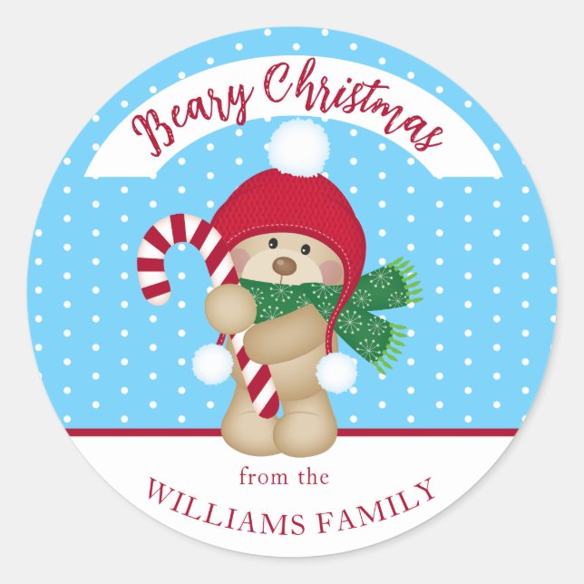 Sticker Rond Joli hiver Teddy Bear Sucre de canne Noël (Devant)