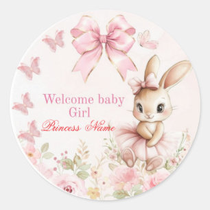 Sticker Rond Joli Lapin à l'aquarelle Ruban Rose Bienvenue Bébé