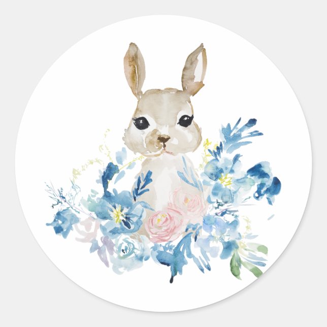Sticker Rond Joli lapin avec fleurs d'aquarelle (Devant)