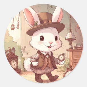 Sticker Rond Joli Lapin Blanc Merveilleux Monde Fantaisiste Gar