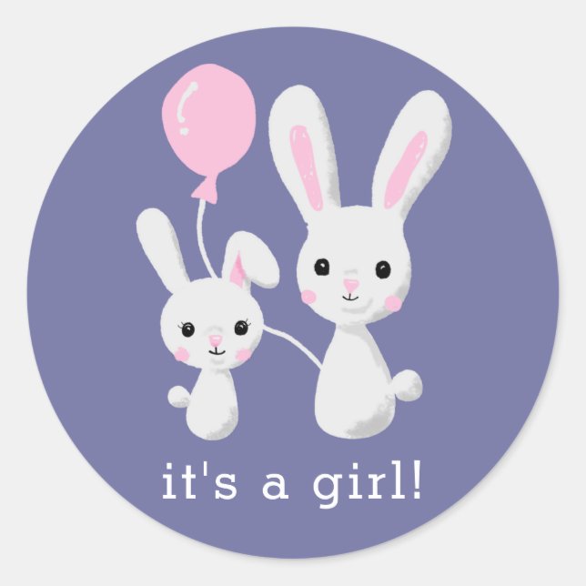 Sticker Rond Joli lapin C'est une fille Baby shower rose (Devant)