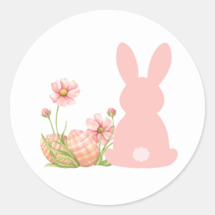 Sticker Rond Joli lapin de Pâques rose avec des fleurs printani