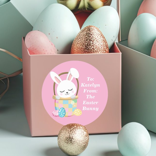 Sticker Rond Joli lapin de Pâques rose personnalisé cadeau pour (Créateur téléchargé)