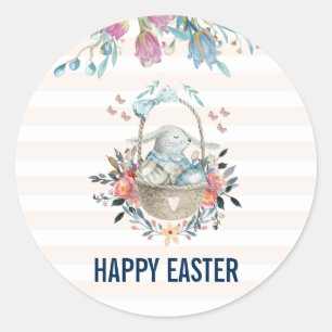 Sticker Rond Joli lapin en Panier & Tulip Florals Bonne Pâques