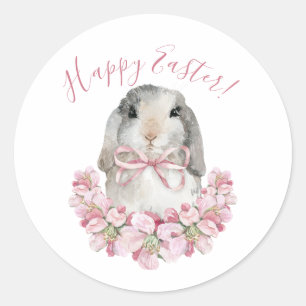 Sticker Rond Joli lapin floral rose écriture joyeuse Pâques