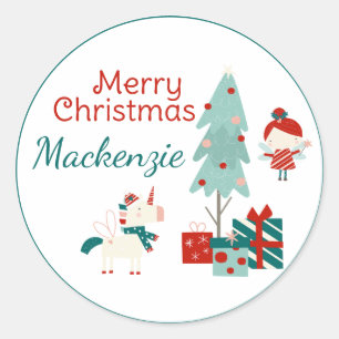 Sticker Rond Joli licorne et fée avec nom personnalisé Joyeux N