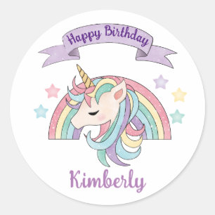 Sticker Rond Joli licorne pastel et arc-en-ciel scintillant