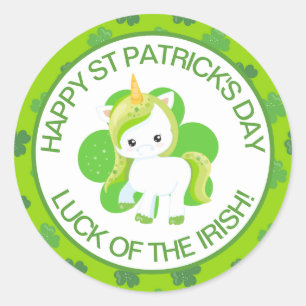 Sticker Rond Joli licorne vert souriant irlandais chanceux et t