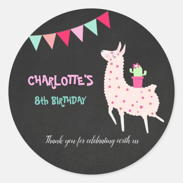 Sticker Rond joli llama anniversaire chalkboard fiesta alpaca (Devant)