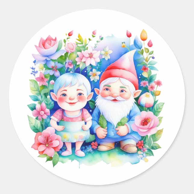 Sticker Rond Joli M. et Mme Garden Gnomes avec Fleurs (Devant)