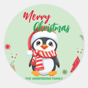 Sticker Rond Joli manchot de Noël Père Noël Scarf vacances