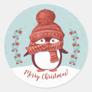 Sticker Rond Joli Manchot Joyeux Noël