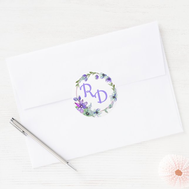 Sticker Rond Joli Mariage monogramme de couronne fleurie (Enveloppe)
