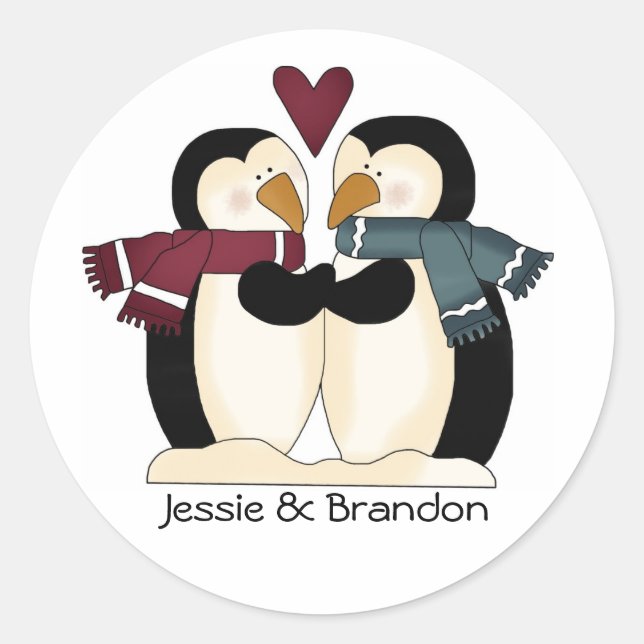 Sticker Rond Joli Mariage Penguins Enveloppe Sceau (Devant)