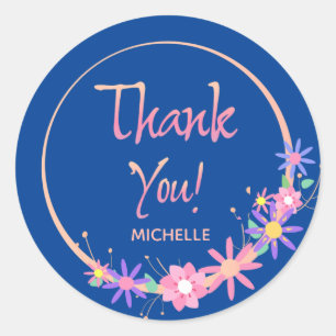 Sticker Rond Joli Merci Floral Moderne en fil bleu personnalisé