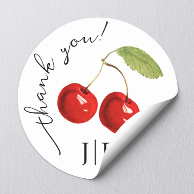 Sticker Rond Joli Merci noir de cerises rouges élégant (Créateur téléchargé)