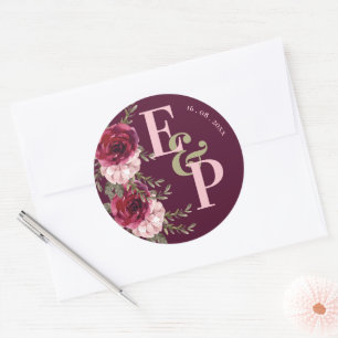 Sticker Rond Joli Monogramme Bourgogne Blush rose Mariage Flora