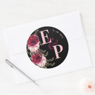 Sticker Rond Joli Monogramme Bourgogne Blush rose Mariage Flora