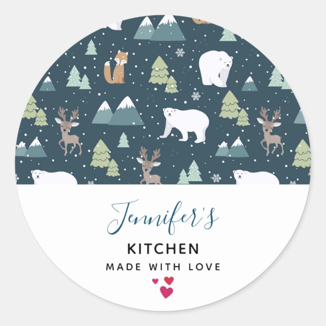 Sticker Rond Joli Noël Animaux d'hiver Rustique Cuisine (Devant)