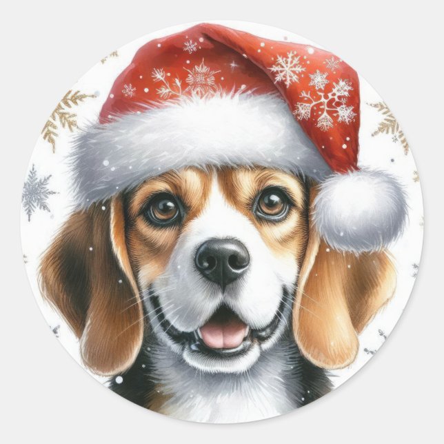 Sticker Rond Joli Noël Beagle Santa Hat Chien vacances (Devant)