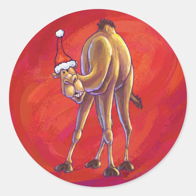 Sticker Rond Joli Noël Camel En Rouge (Devant)