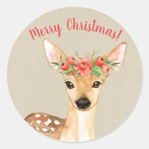 Sticker Rond Joli Noël Cerf Rustique Pays Vacances Personnalisé
