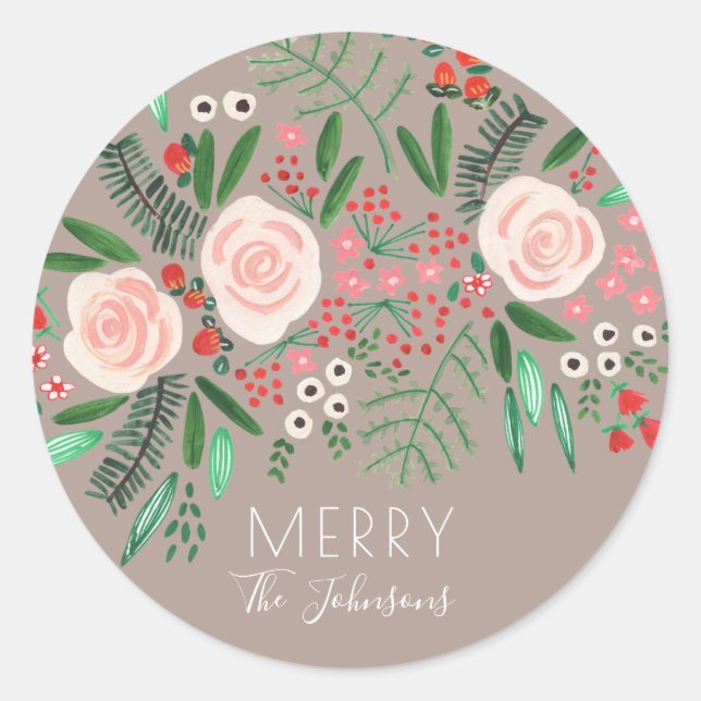 Sticker Rond Joli Noël Floral Rose (Devant)