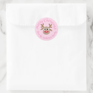 Sticker Rond Joli Noël Reindeer Cartoon Girl Rose
