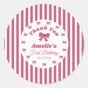 Sticker Rond Joli Nœud Rose pour un Premier Anniversaire