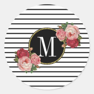 Sticker Rond Joli noir blanc rayé Moderne Floral Monogramme