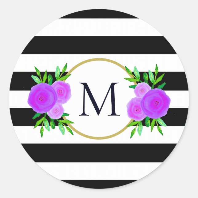 Sticker Rond Joli noir blanc rayé violet fleuri Monogramme (Devant)