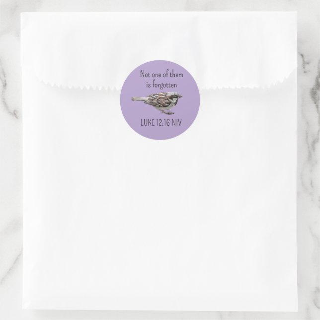 Sticker Rond Joli Oiseau Bruant Photo Bible Verse Simple Violet (Sac)