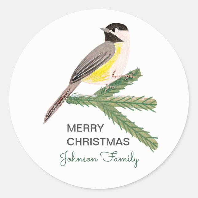 Sticker Rond Joli oiseau jaune de Noël et arbre vert (Devant)