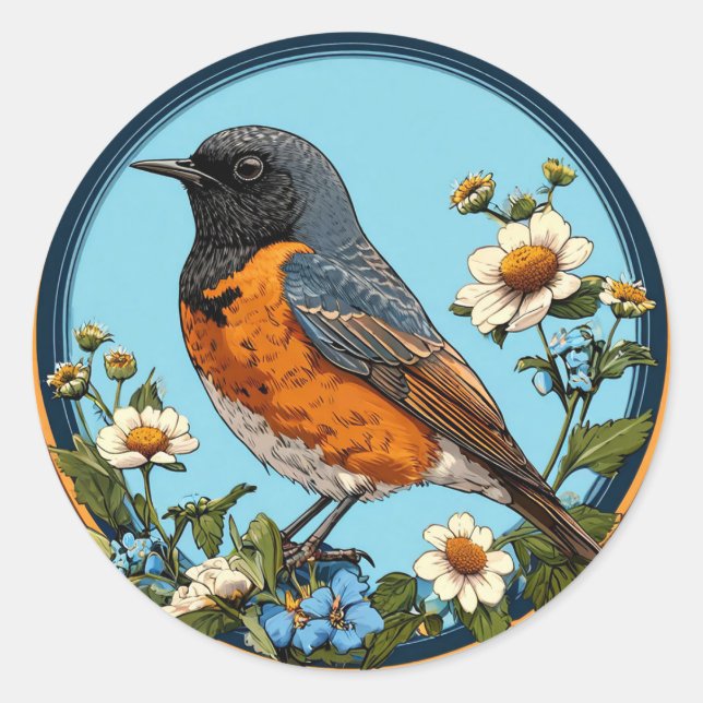 Sticker Rond 🐦 Joli Oiseau Noir Avec Des Fleurs (Devant)