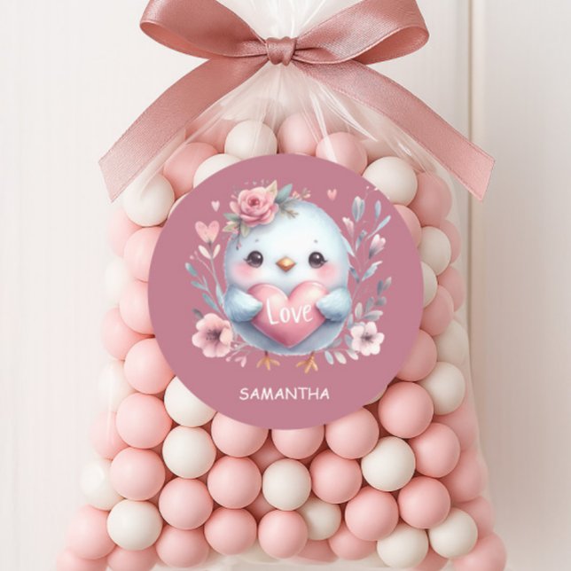 Sticker Rond Joli Oiseau rose Coeur Aimer Joyeux Saint Valentin (Cute bird Valentine's Day sticker)