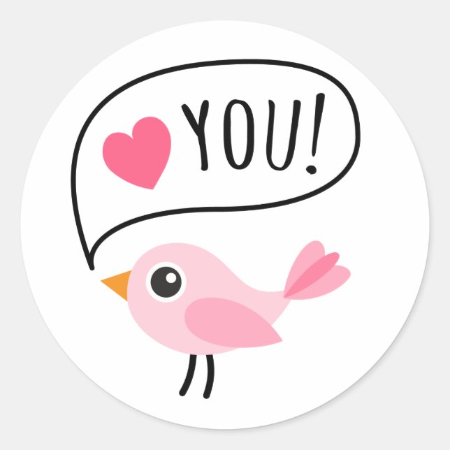 Sticker Rond Joli oiseau rose que j'aime (coeur) vous dessin an (Devant)