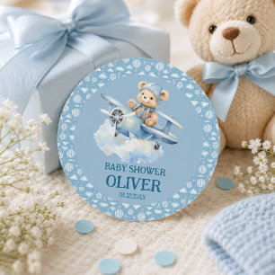 Sticker Rond Joli Ours Avion Bleu Le Temps Passe Un 1er Anniver