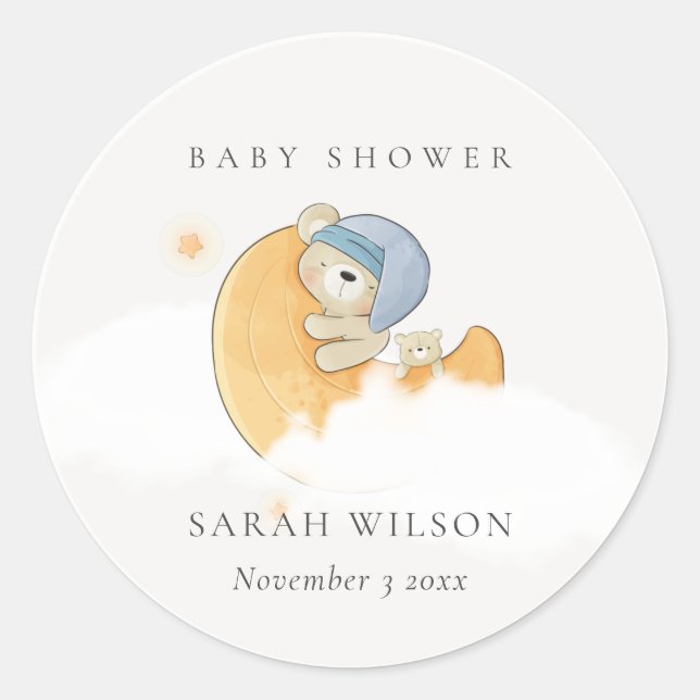Sticker Rond Joli Ours Bleu Sommeil Sur Lune Baby shower Garçon (Devant)