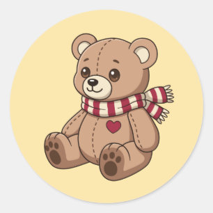 Sticker Rond Joli ours en peluche beige avec écharpe rayée jaun