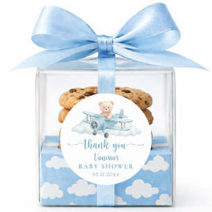 Sticker Rond Joli Ours en Peluche Pilote Bleu Baby Shower Merci