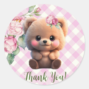 Sticker Rond Joli ours en peluche rose en vichy Baby shower fle