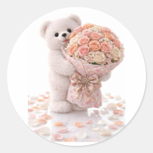 Sticker Rond Joli ours en peluche tenant un bouquet de roses bl