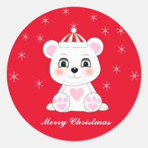 Sticker Rond Joli ours polaire de Noël et flocons de neige sur 